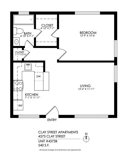 Floor plan for 1 bed, 1 bath, 565 sqft